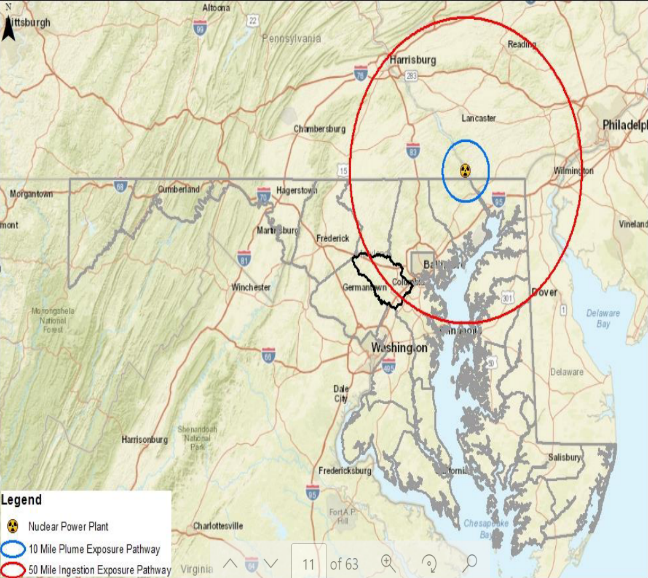 Map - 50 mile radius of Peach Bottom Atomic Power Station. Line intersects with the northern and eastern portions of the County