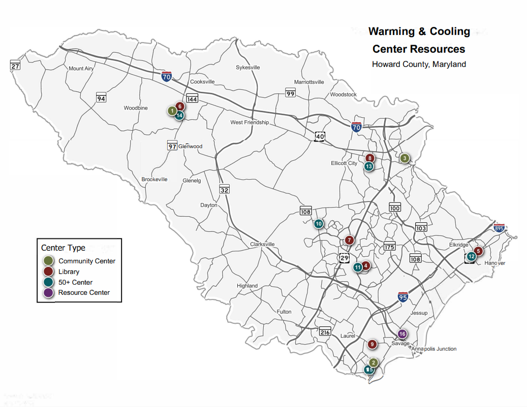 This is a map of Warming/Cooling Center locations across Howard County.