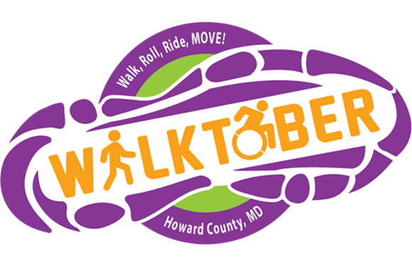 Walktober logo. Illustration of purple shoe print. Walktober displayed in orange text with walking icon replacing the A and wheelchair icon replacing the O. Text: Walk, Roll, Ride, Move! Howard County, MD.
