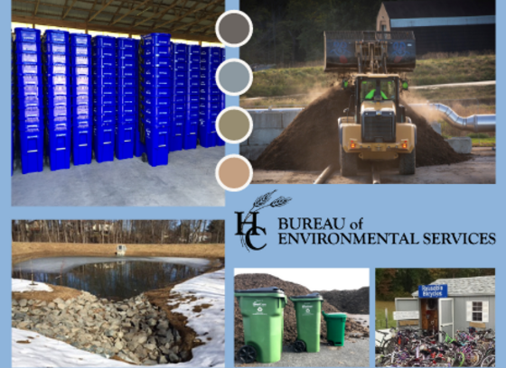 graphic with stacked recycling carts, loader with compost, stormwater pond, food scrap carts and loan closet collection at alpha ridge landfill