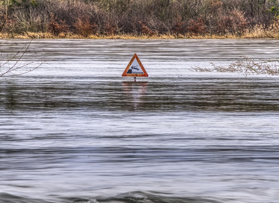 In this color photo of a stormwater pond, the high water level approaches a "No swimming" water hazard sign.