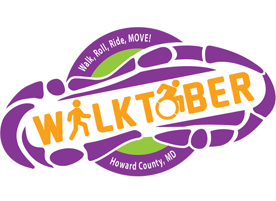 Walktober logo. Illustration of purple shoe print. Walktober displayed in orange text with walking icon replacing the A and wheelchair icon replacing the O. Text: Walk, Roll, Ride, Move! Howard County, MD.