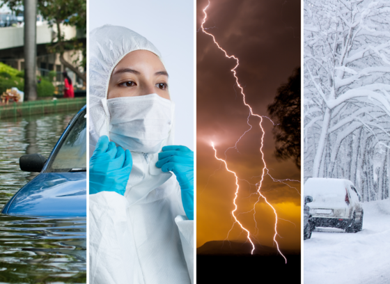 four panel photo with flood, health worker in protective equipment, lightening, snowstorm
