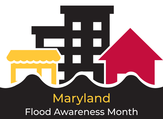 This is a color graphic of a cityscape in Maryland colors of red, yellow, and black. The lower level of the buildings are flooded with water. Text reads "Maryland Flood Awareness Month."