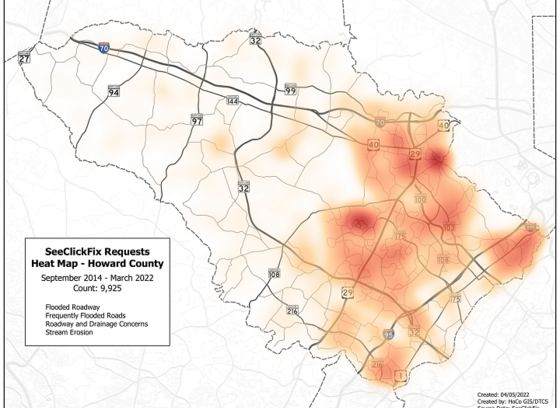 This is a color map of the Howard County boundary that includes a red and orange heat map of drainage complaints from TellHoCo within the county. Most of the drainage complaints appear in the eastern portion of the county.