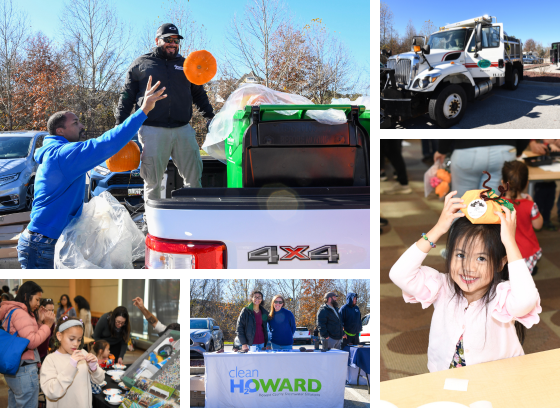 collage of photos including a person throwing a pumpkin into a green cart, informational tables outside, a pickup truck and a girl holding a pumpkin craft