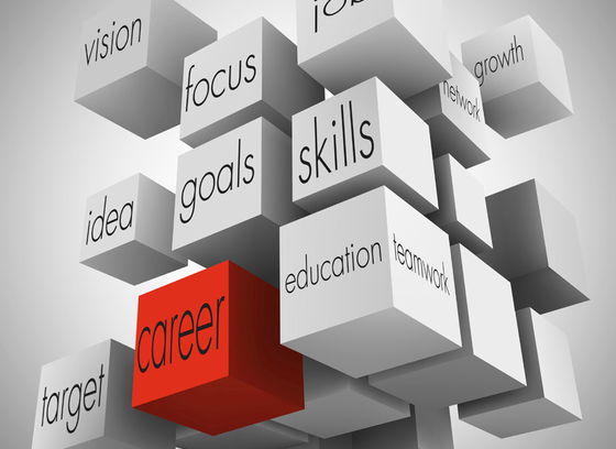 An abstract image with a bunch of cubes listing attributes such as "career," "skills," "goals," etc.