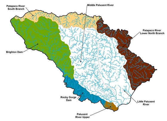 This is a color map of Howard County and its watersheds with labels.