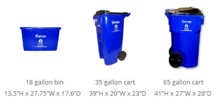 18-gallon recycling bin, 35-gallon recycling cart and 65-gallon recycling cart with dimensions underneath