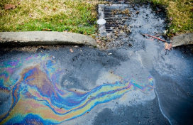 An oily, rainbow sheen of petroleum sits in a pool of water.