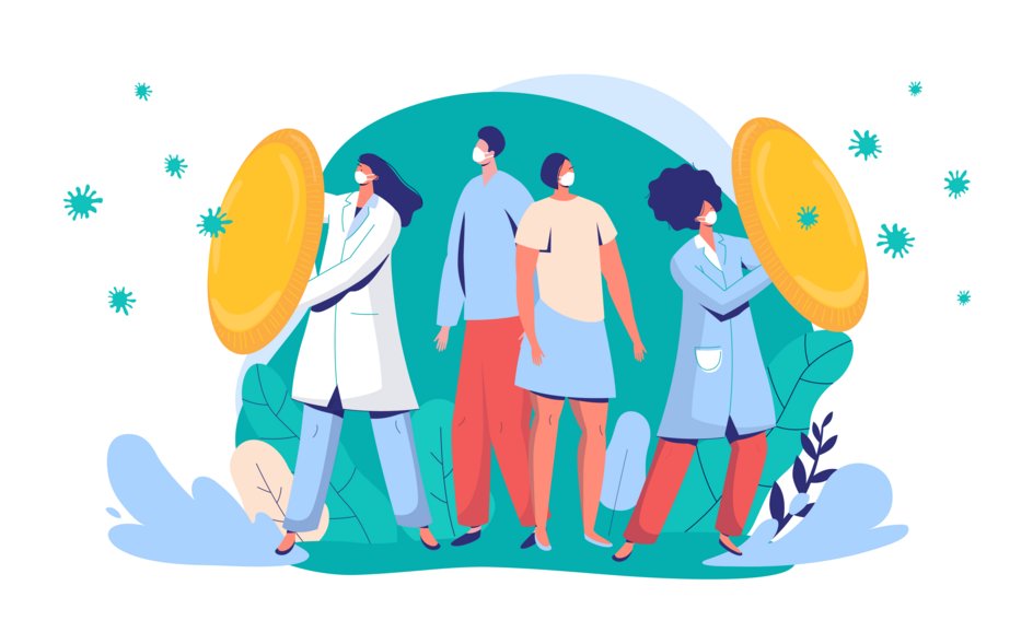 Illustration of 4 people wearing masks, holding shields to defend against green germs
