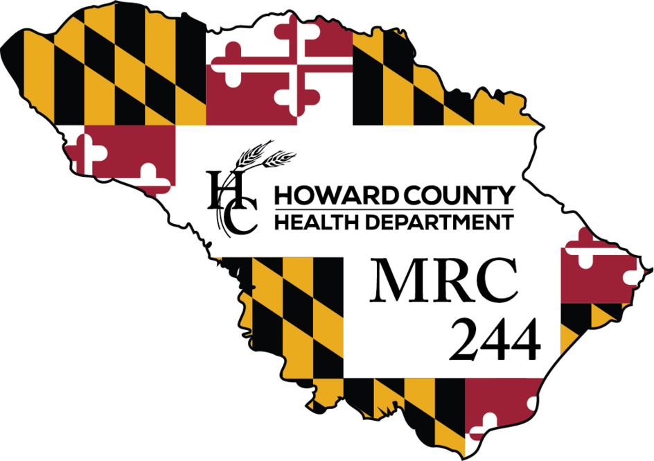 Howard County Map outline with maryland flag on the inside with text saying howard county health department MRC 244