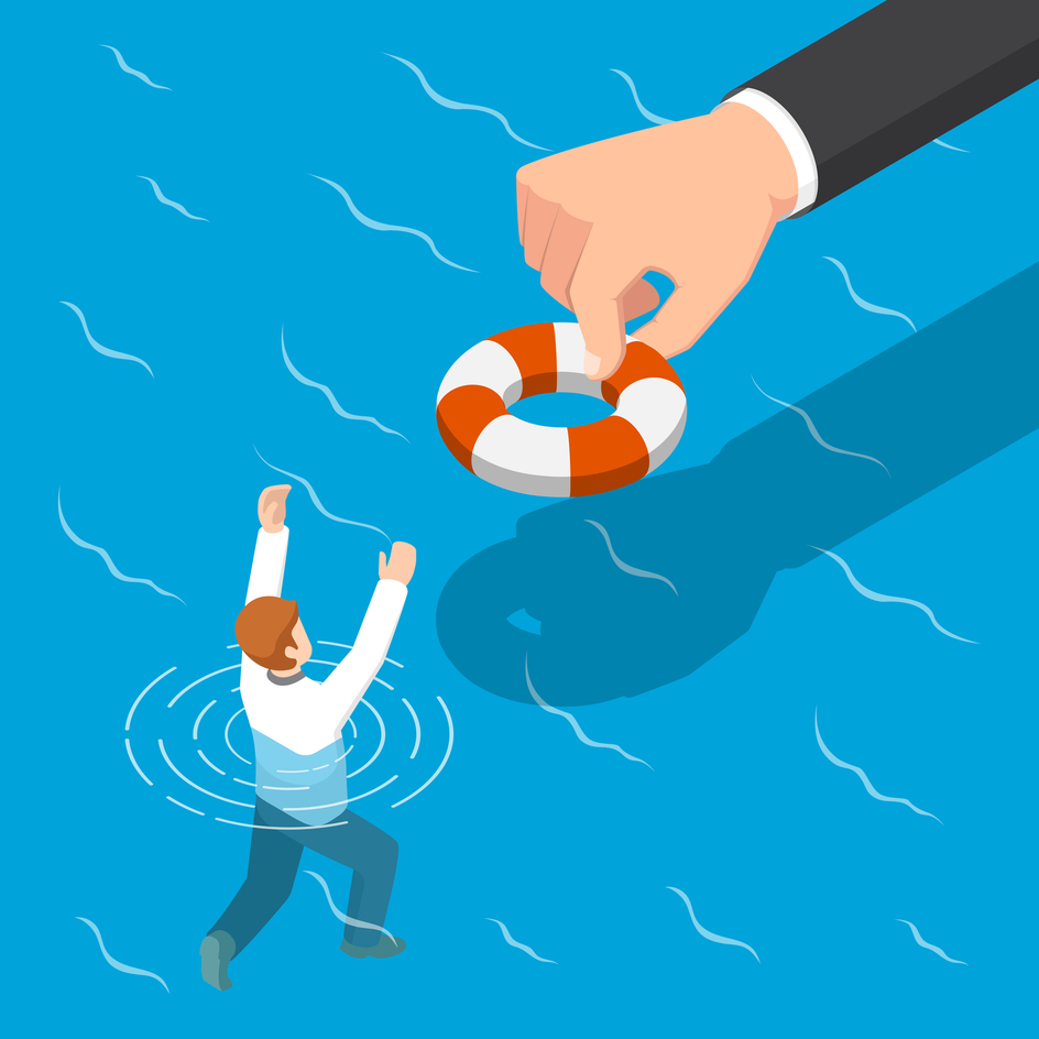 This image shows a stylized illustration of a person struggling in water while a larger hand reaches down, offering a life preserver as a symbol of assistance or rescue.
