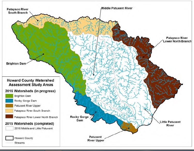 This is a color map of Howard County and its watersheds with labels. The streams are shown as blue lines.